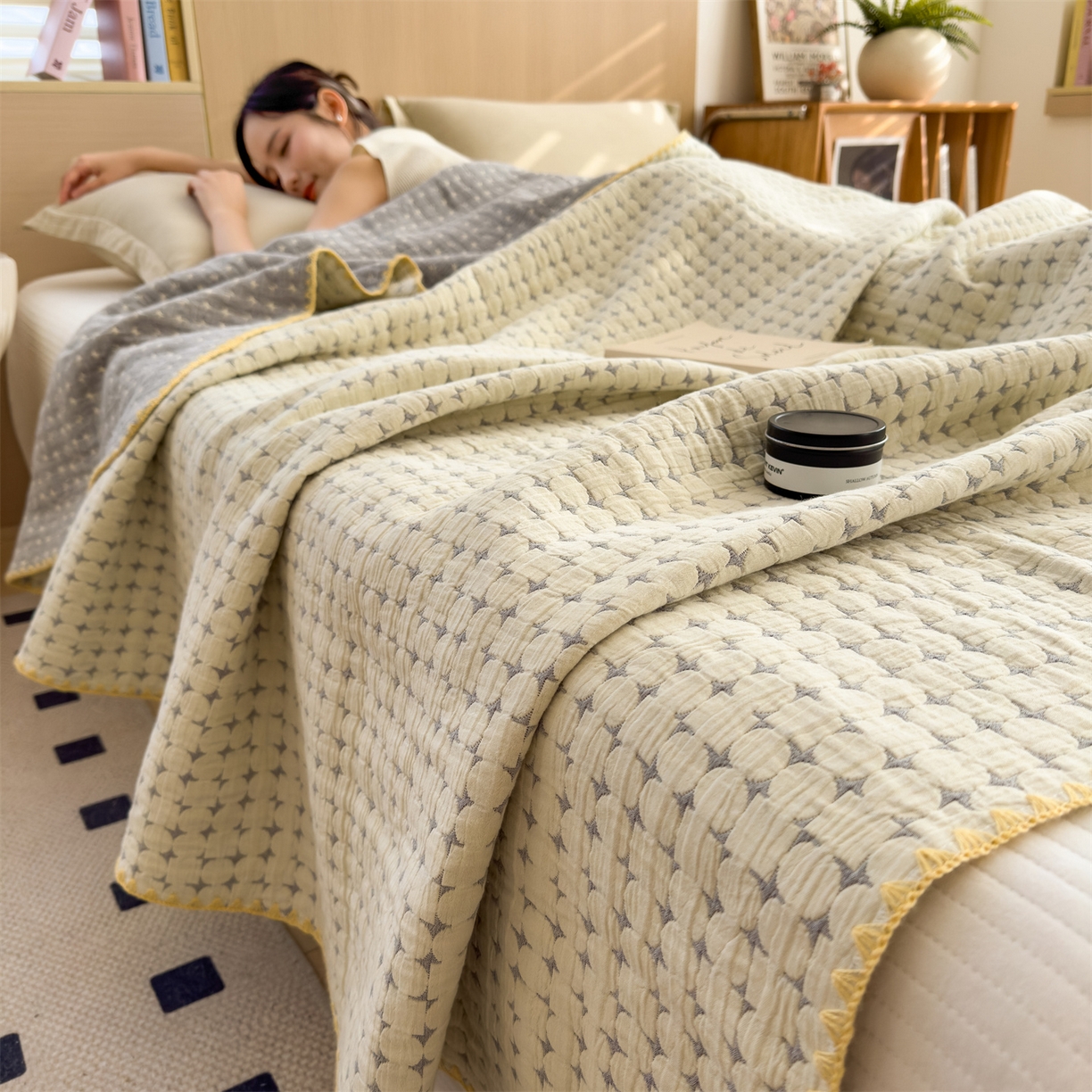 91家纺网 家纺一手货源 找家纺 兄弟坊 2025新款全棉三层纱多功能毛巾被（盖毯床单夏被）棉澜 棉澜-星悦奶白