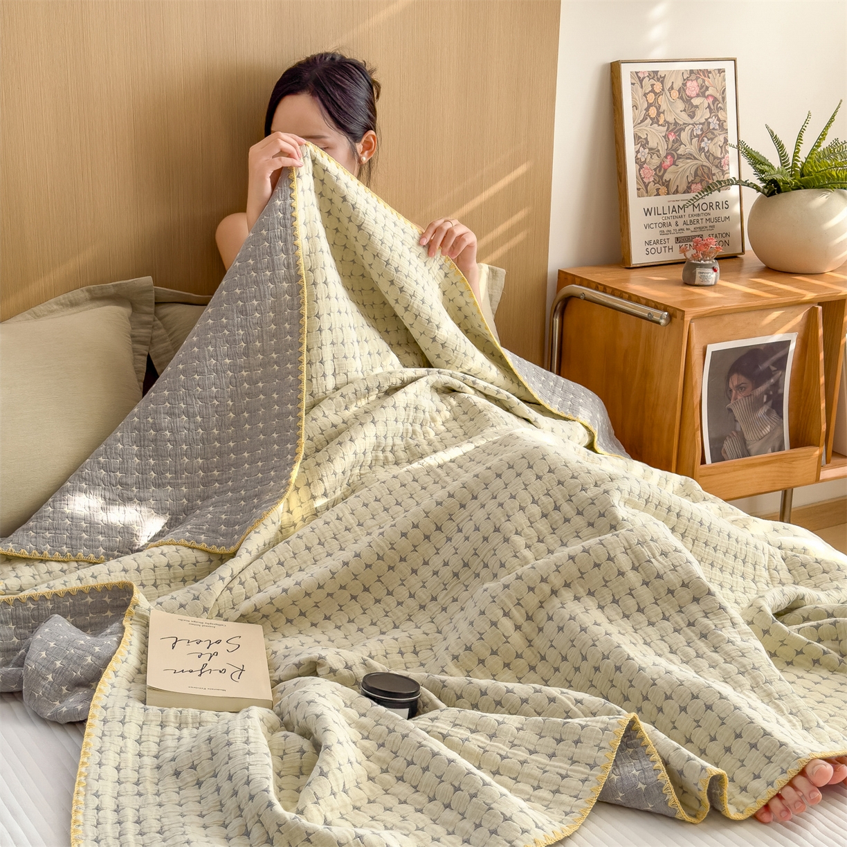 91家纺网 家纺一手货源 找家纺 兄弟坊 2025新款全棉三层纱多功能毛巾被（盖毯床单夏被）棉澜 棉澜-星悦奶白