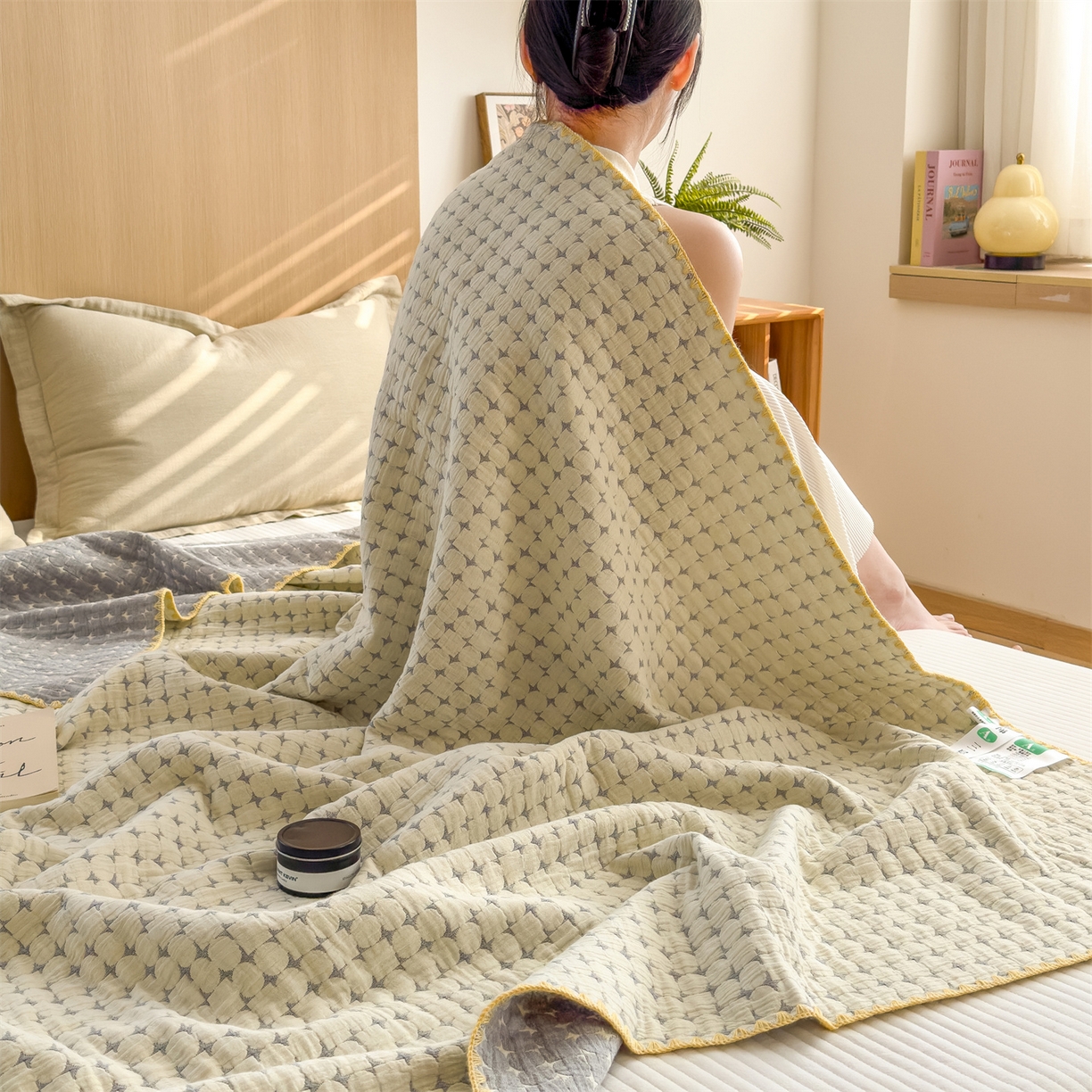 91家纺网 家纺一手货源 找家纺 兄弟坊 2025新款全棉三层纱多功能毛巾被（盖毯床单夏被）棉澜 棉澜-星悦奶白