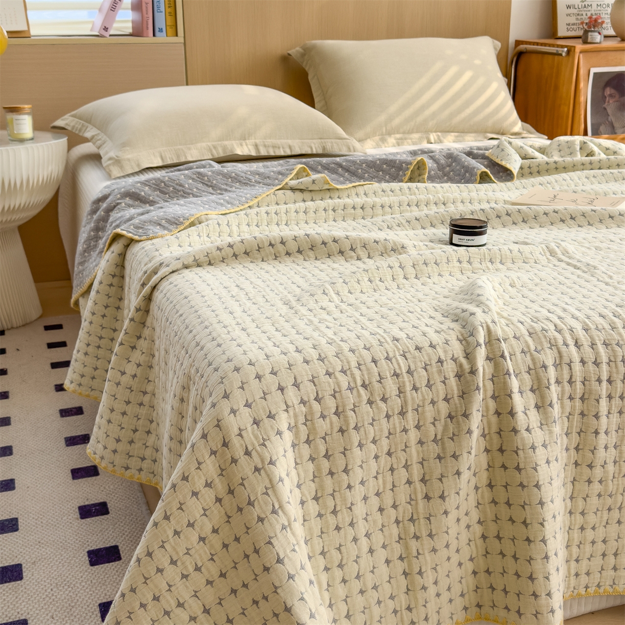 91家纺网 家纺一手货源 找家纺 兄弟坊 2025新款全棉三层纱多功能毛巾被（盖毯床单夏被）棉澜 棉澜-星悦奶白