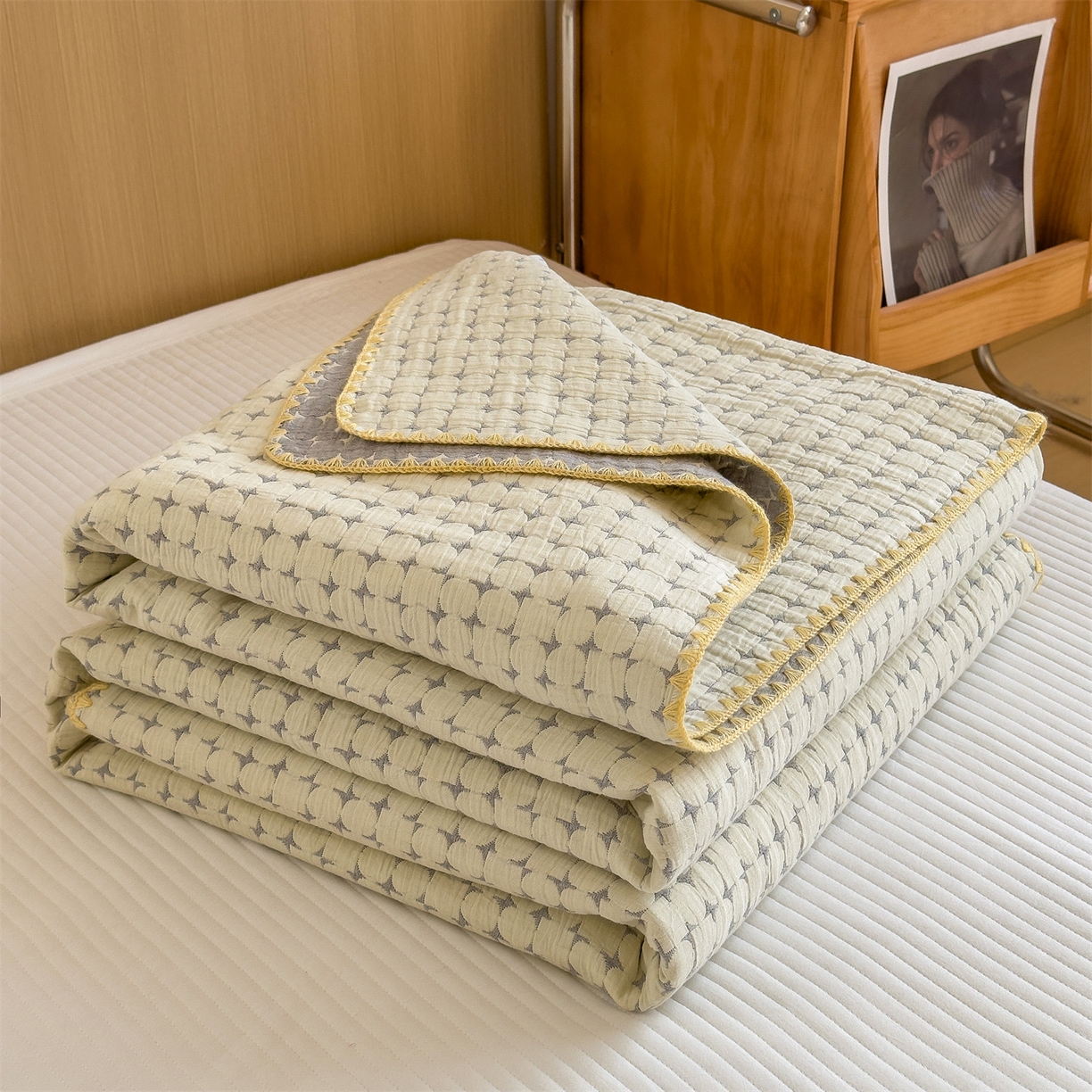91家纺网 家纺一手货源 找家纺 兄弟坊 2025新款全棉三层纱多功能毛巾被（盖毯床单夏被）棉澜 棉澜-星悦奶白