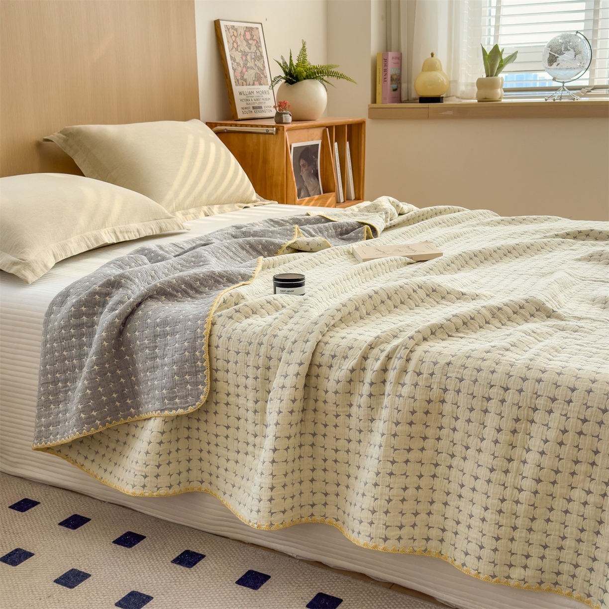 91家纺网 家纺一手货源 找家纺 兄弟坊 2025新款全棉三层纱多功能毛巾被（盖毯床单夏被）棉澜 棉澜-星悦奶白