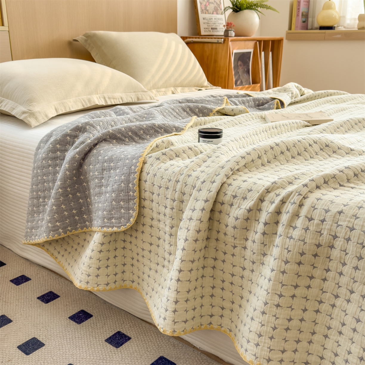 91家纺网 家纺一手货源 找家纺 兄弟坊 2025新款全棉三层纱多功能毛巾被（盖毯床单夏被）棉澜 棉澜-星悦奶白