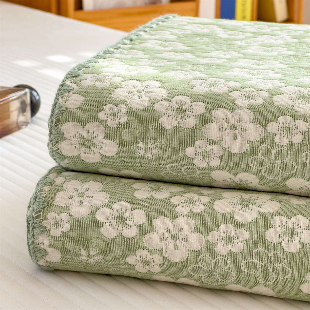 91家纺网 家纺一手货源 找家纺 兄弟坊 2025新款全棉三层纱多功能毛巾被（盖毯床单夏被）棉澜 棉澜-花海抹茶绿