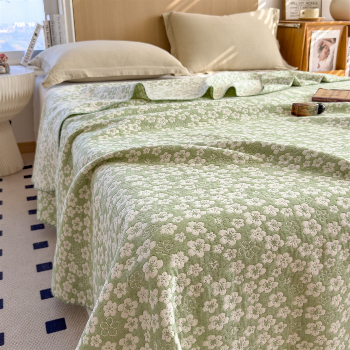 91家纺网 家纺一手货源 找家纺 兄弟坊 2025新款全棉三层纱多功能毛巾被（盖毯床单夏被）棉澜 棉澜-花海抹茶绿