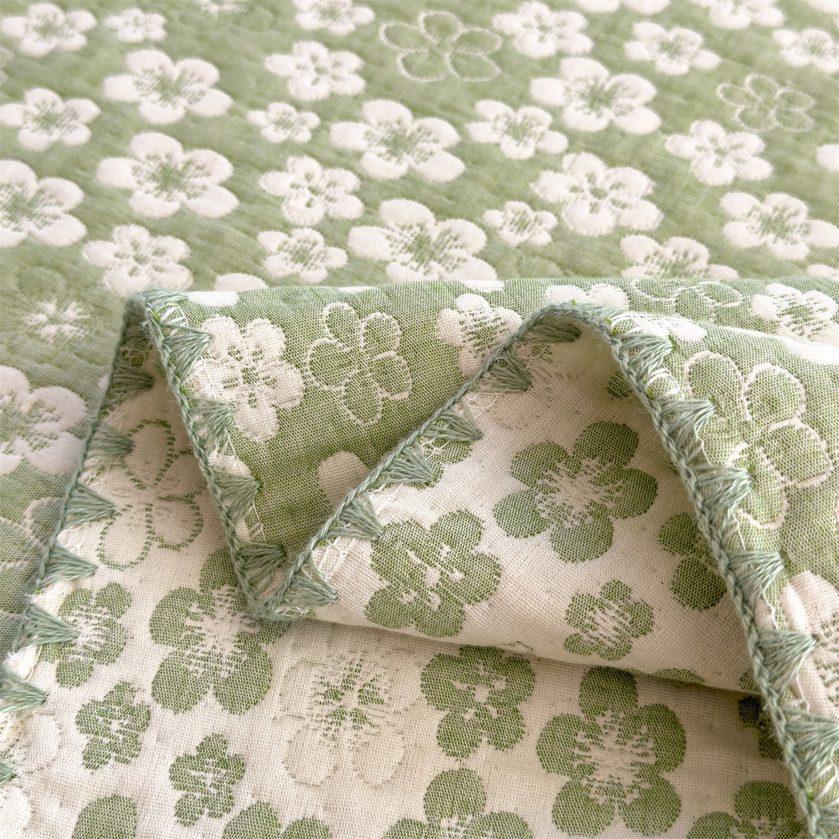 91家纺网 家纺一手货源 找家纺 兄弟坊 2025新款全棉三层纱多功能毛巾被（盖毯床单夏被）棉澜 棉澜-花海抹茶绿