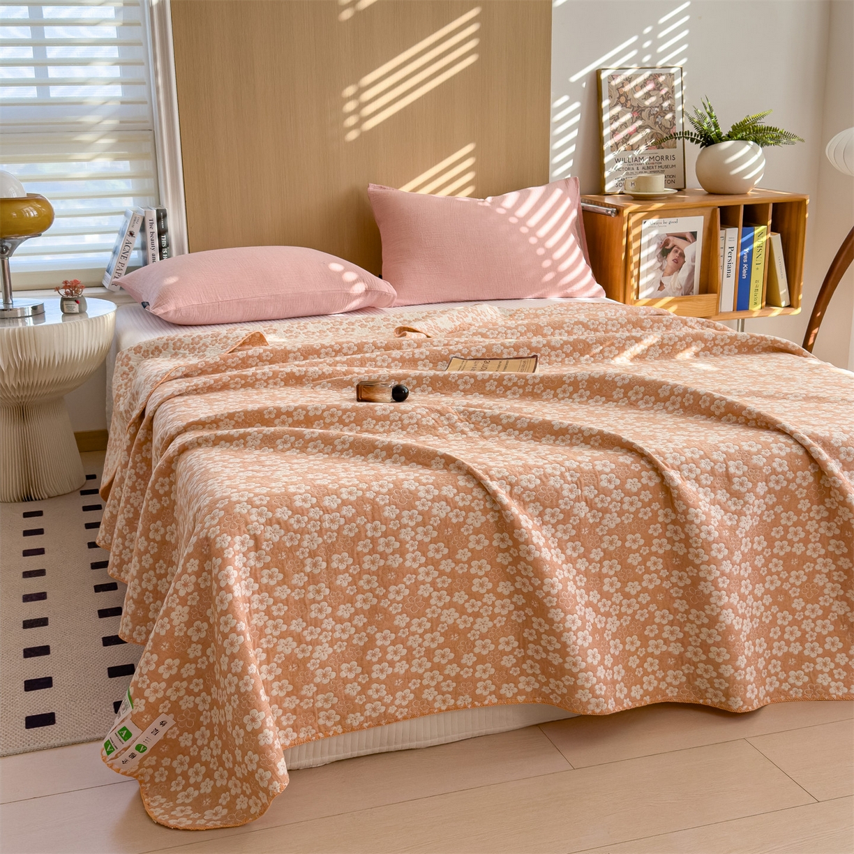 91家纺网 家纺一手货源 找家纺 兄弟坊 2025新款全棉三层纱多功能毛巾被（盖毯床单夏被）棉澜 棉澜-花海浅橙