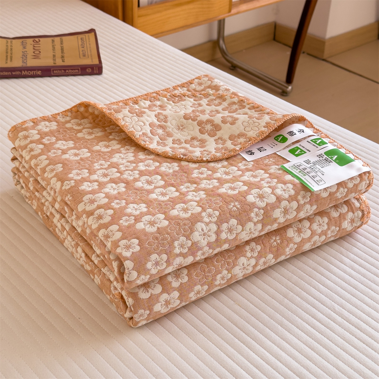 91家纺网 家纺一手货源 找家纺 兄弟坊 2025新款全棉三层纱多功能毛巾被（盖毯床单夏被）棉澜 棉澜-花海浅橙