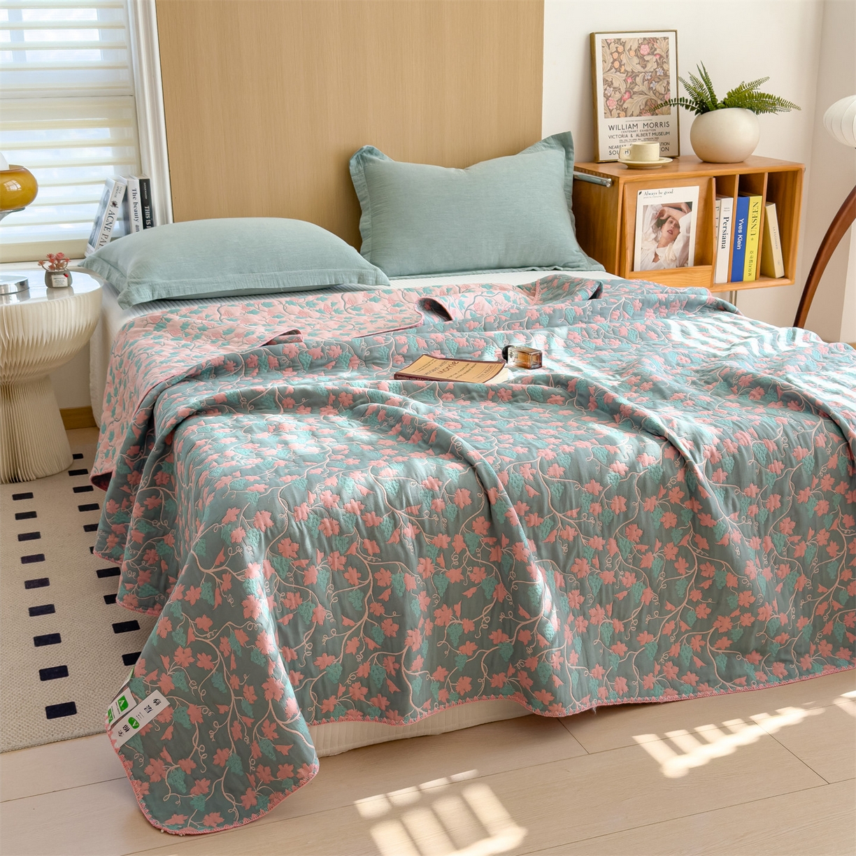 91家纺网 家纺一手货源 找家纺 兄弟坊 2025新款全棉三层纱多功能毛巾被（盖毯床单夏被）棉澜 棉澜-枫叶灰粉