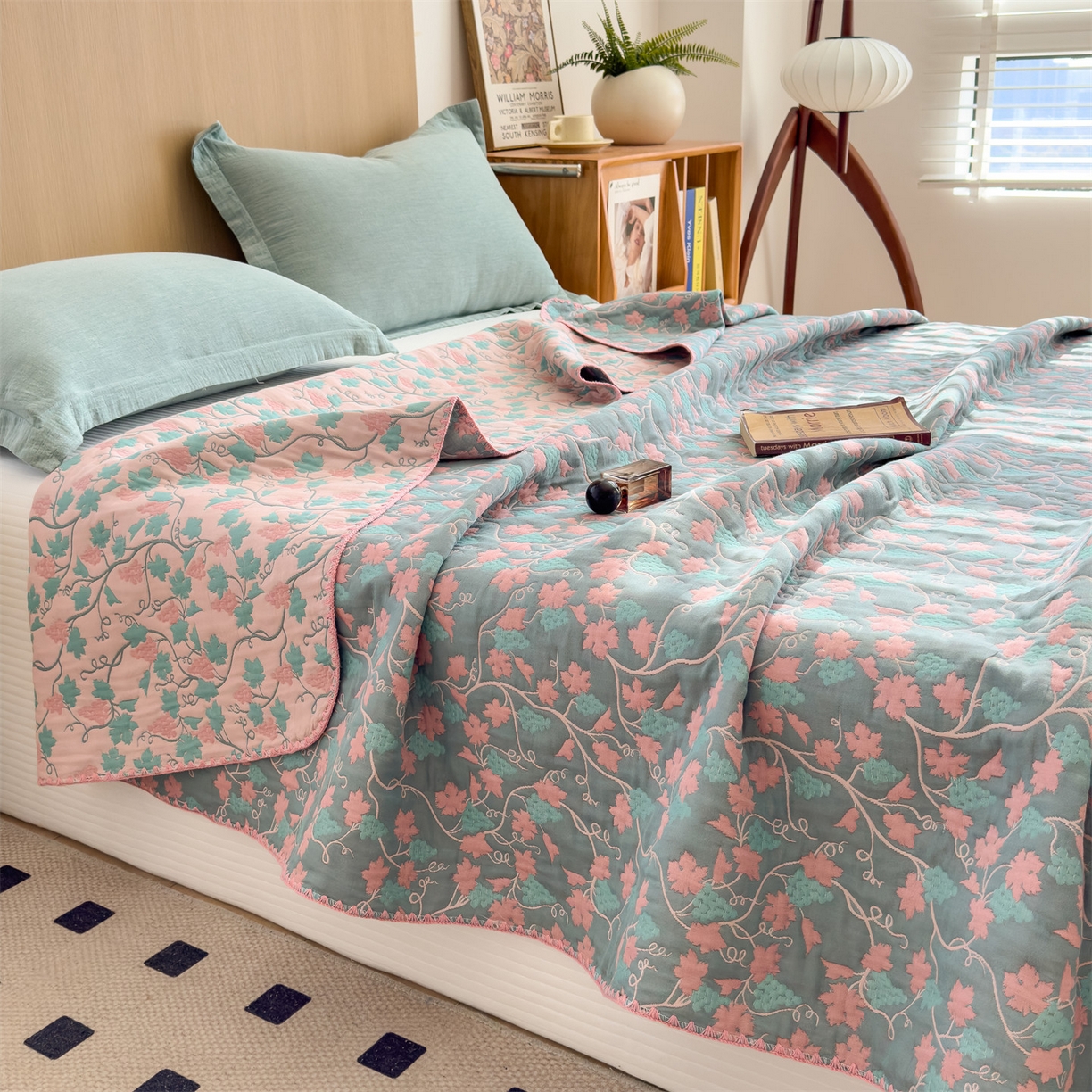 91家纺网 家纺一手货源 找家纺 兄弟坊 2025新款全棉三层纱多功能毛巾被（盖毯床单夏被）棉澜 棉澜-枫叶灰粉