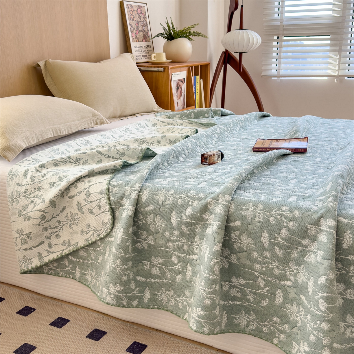 91家纺网 家纺一手货源 找家纺 兄弟坊 2025新款全棉三层纱多功能毛巾被（盖毯床单夏被）棉澜 棉澜-枝叶轻绿