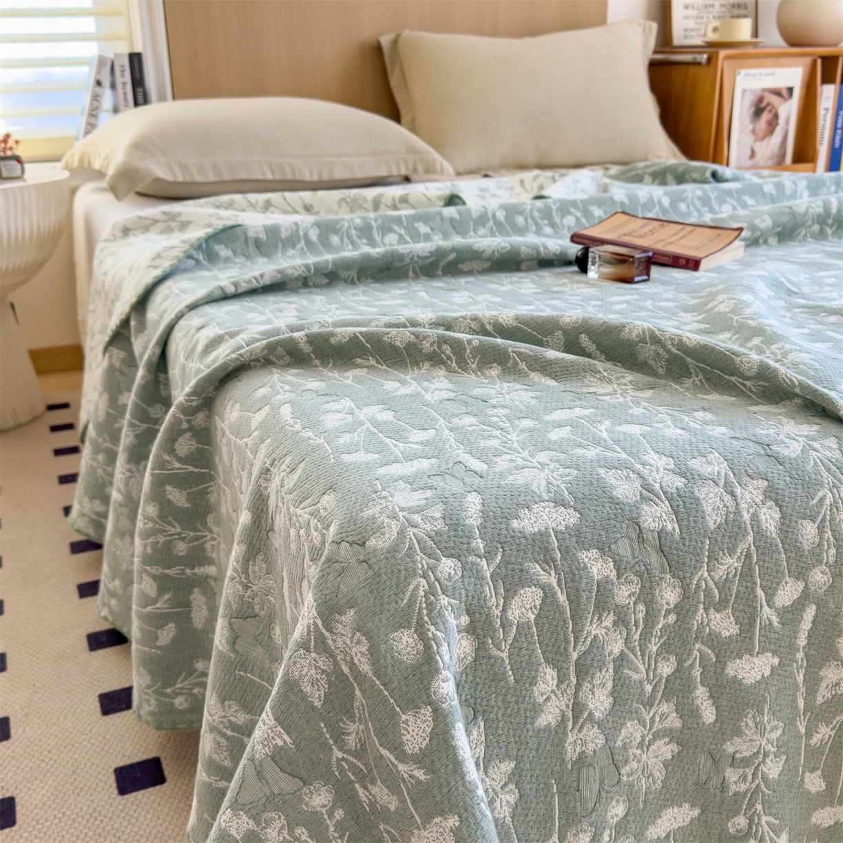 91家纺网 家纺一手货源 找家纺 兄弟坊 2025新款全棉三层纱多功能毛巾被（盖毯床单夏被）棉澜 棉澜-枝叶轻绿