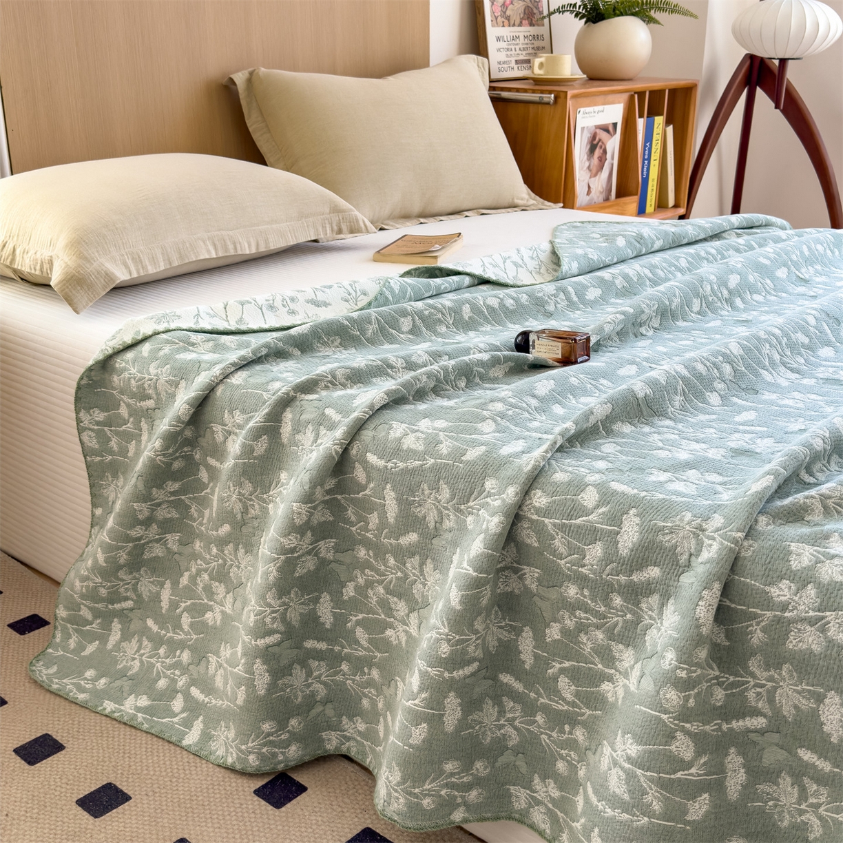 91家纺网 家纺一手货源 找家纺 兄弟坊 2025新款全棉三层纱多功能毛巾被（盖毯床单夏被）棉澜 棉澜-枝叶轻绿