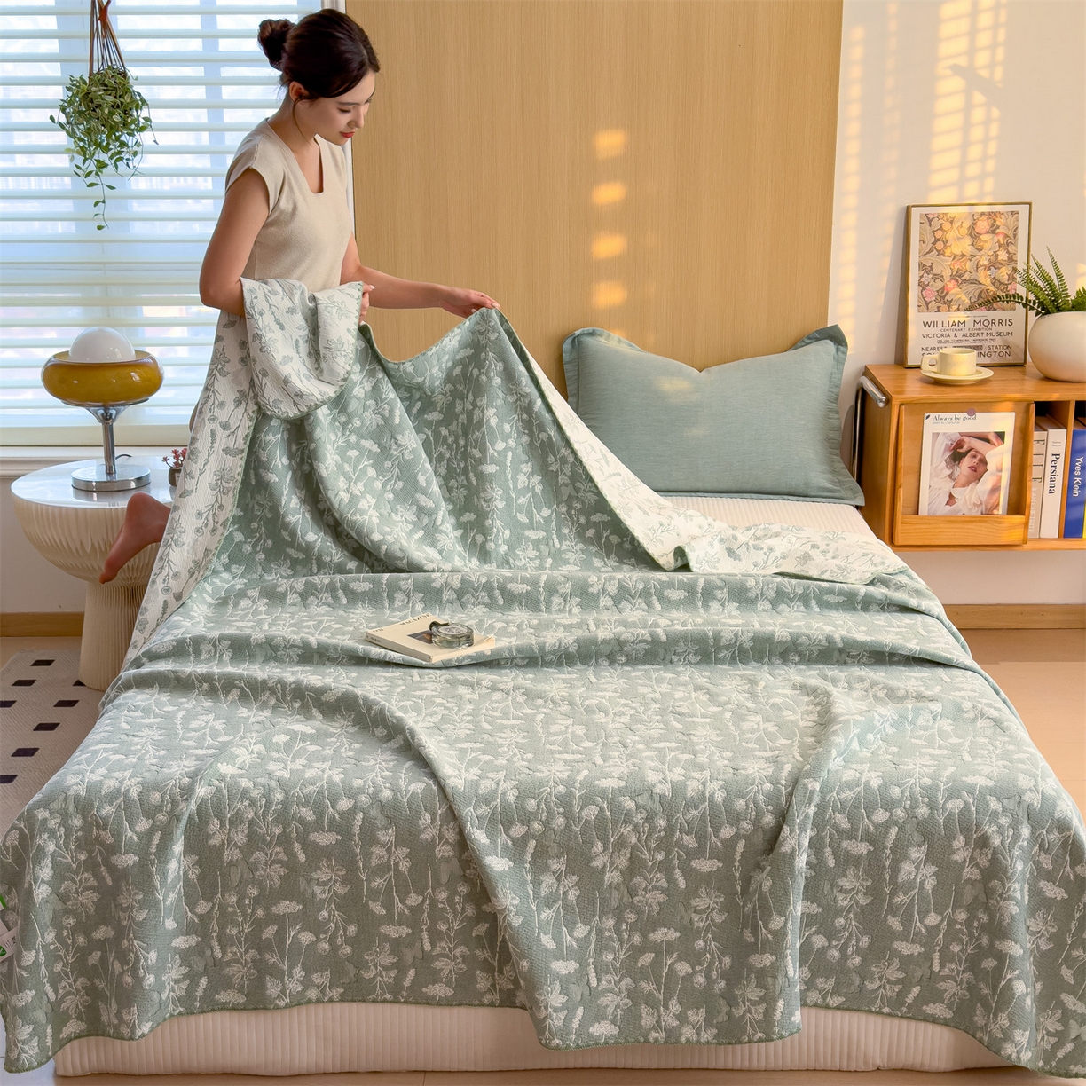 91家纺网 家纺一手货源 找家纺 兄弟坊 2025新款全棉三层纱多功能毛巾被（盖毯床单夏被）棉澜 棉澜-枝叶轻绿