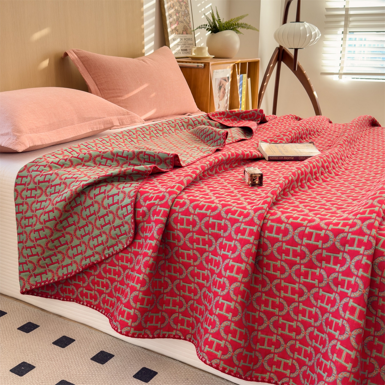 91家纺网 家纺一手货源 找家纺 兄弟坊 2025新款全棉三层纱多功能毛巾被（盖毯床单夏被）棉澜 棉澜-字母H-红