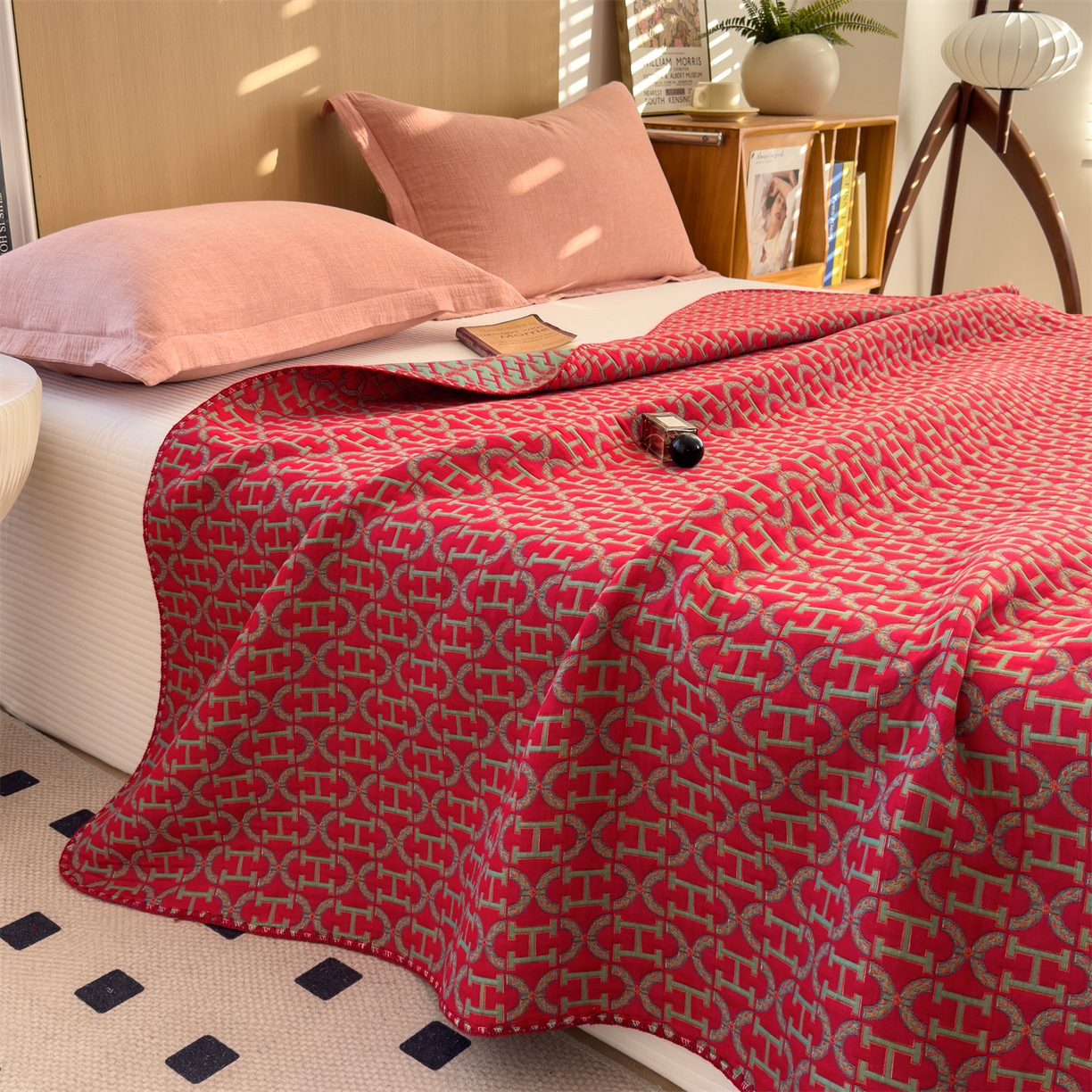 91家纺网 家纺一手货源 找家纺 兄弟坊 2025新款全棉三层纱多功能毛巾被（盖毯床单夏被）棉澜 棉澜-字母H-红