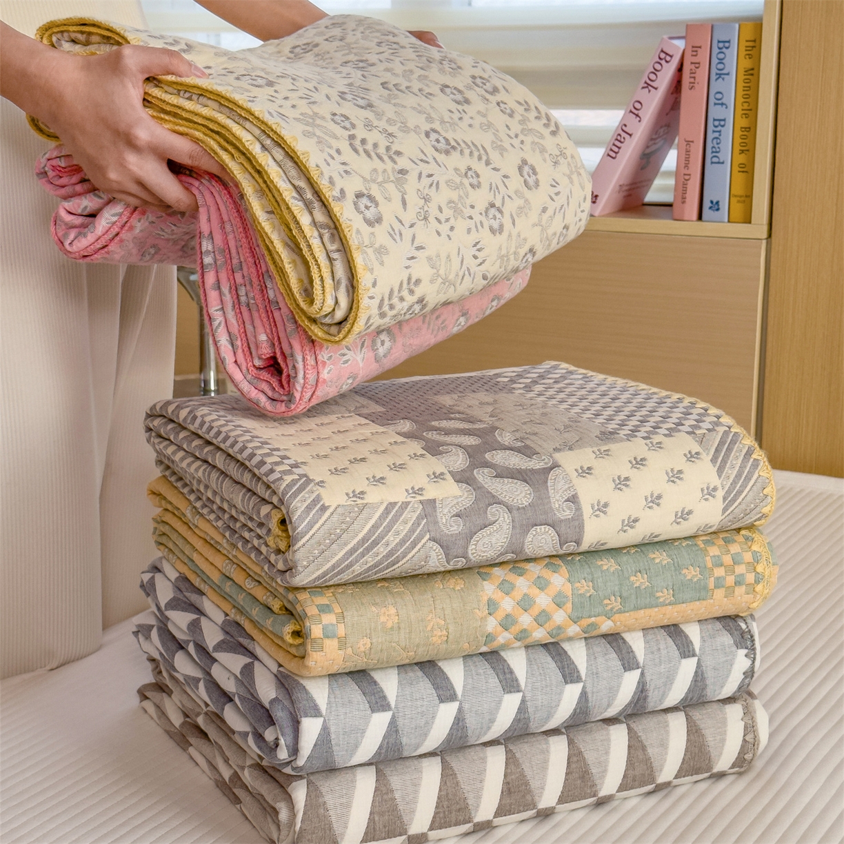 91家纺网 家纺一手货源 找家纺 兄弟坊 2025新款全棉三层纱多功能毛巾被（盖毯床单夏被）棉澜 组合图