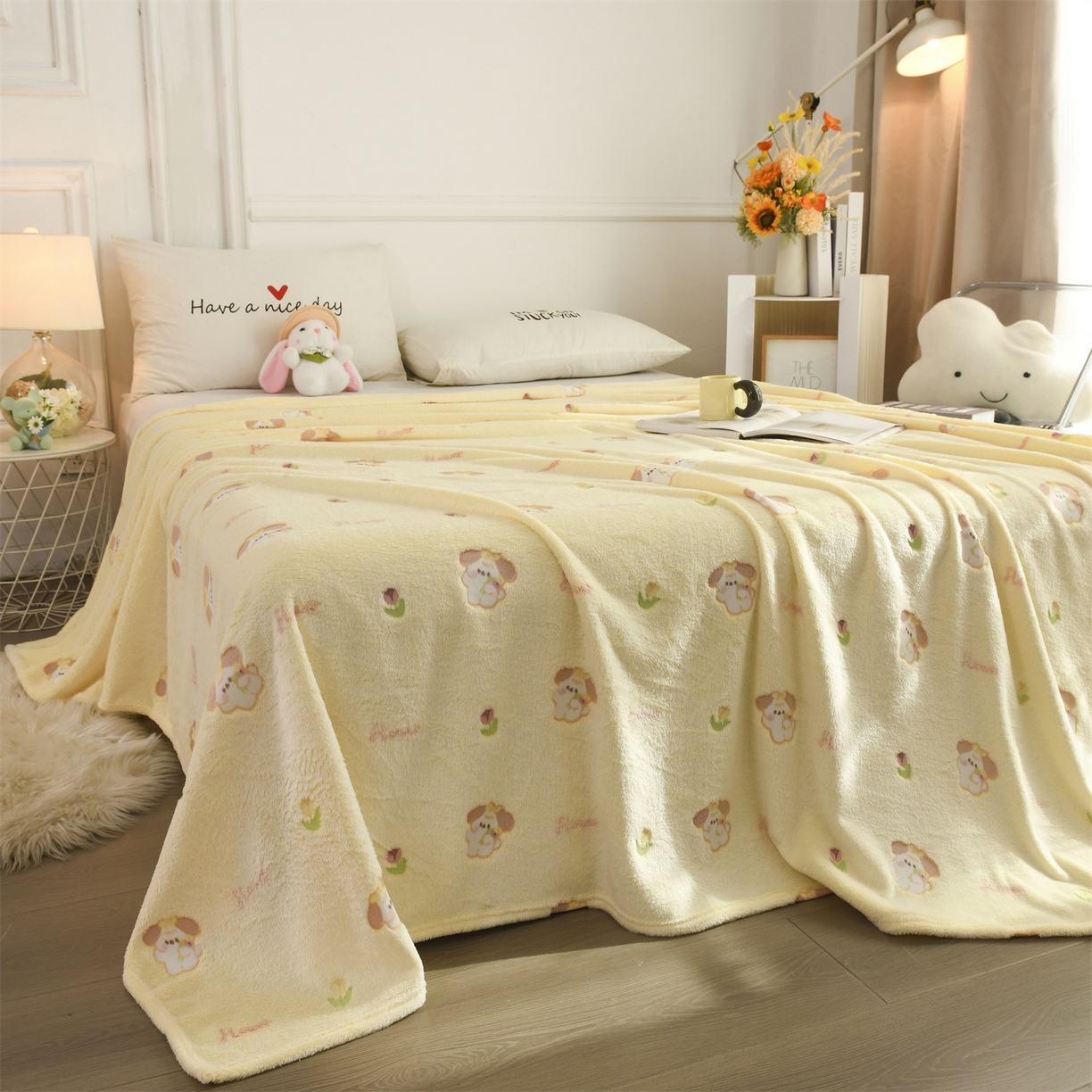 91家纺网 家纺一手货源 找家纺 恋绒家纺 2025新款云朵绒毛毯毯子多铺盖多功能盖毯绒 小狗米黄