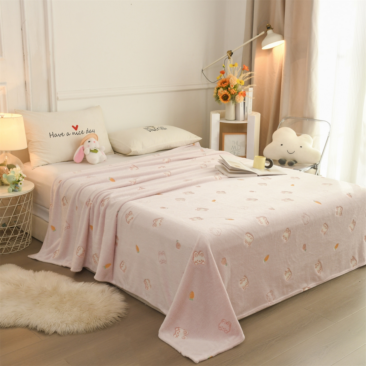 91家纺网 家纺一手货源 找家纺 恋绒家纺 2025新款云朵绒毛毯毯子多铺盖多功能盖毯绒 小兔-粉