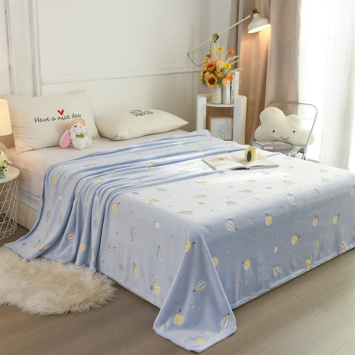 91家纺网 家纺一手货源 找家纺 恋绒家纺 2025新款云朵绒毛毯毯子多铺盖多功能盖毯绒 热气球-兰