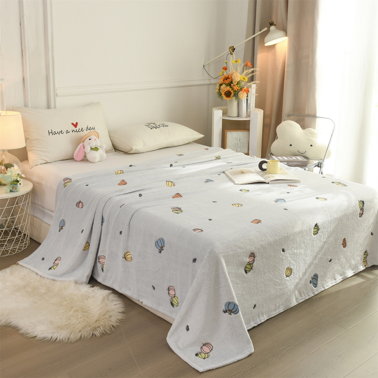 91家纺网 家纺一手货源 找家纺 恋绒家纺 2025新款云朵绒毛毯毯子多铺盖多功能盖毯绒 南瓜-灰