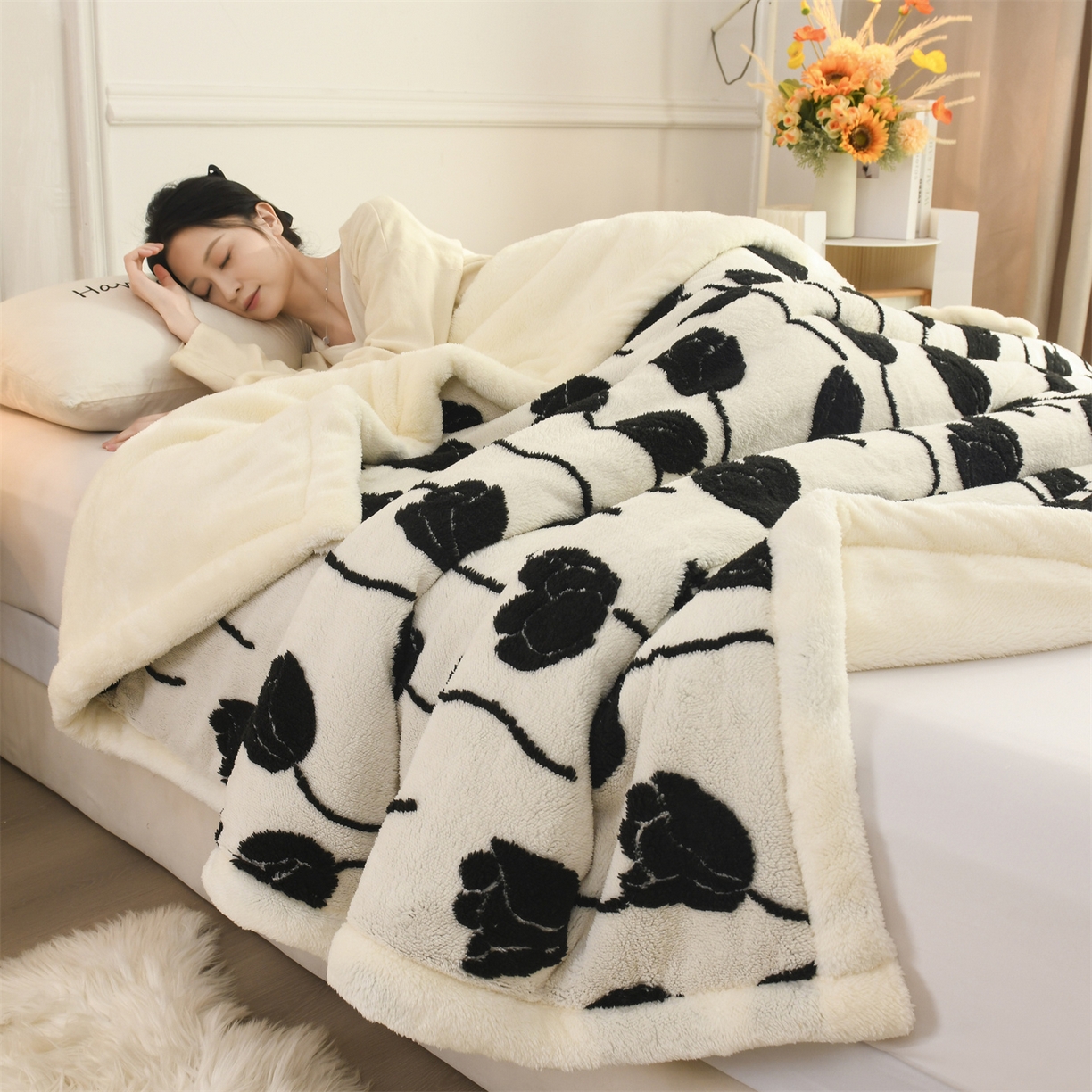 91家纺网 家纺一手货源 找家纺 恋绒家纺 2025新款阳离子三层舒棉绒毛毯毯子 郁金香