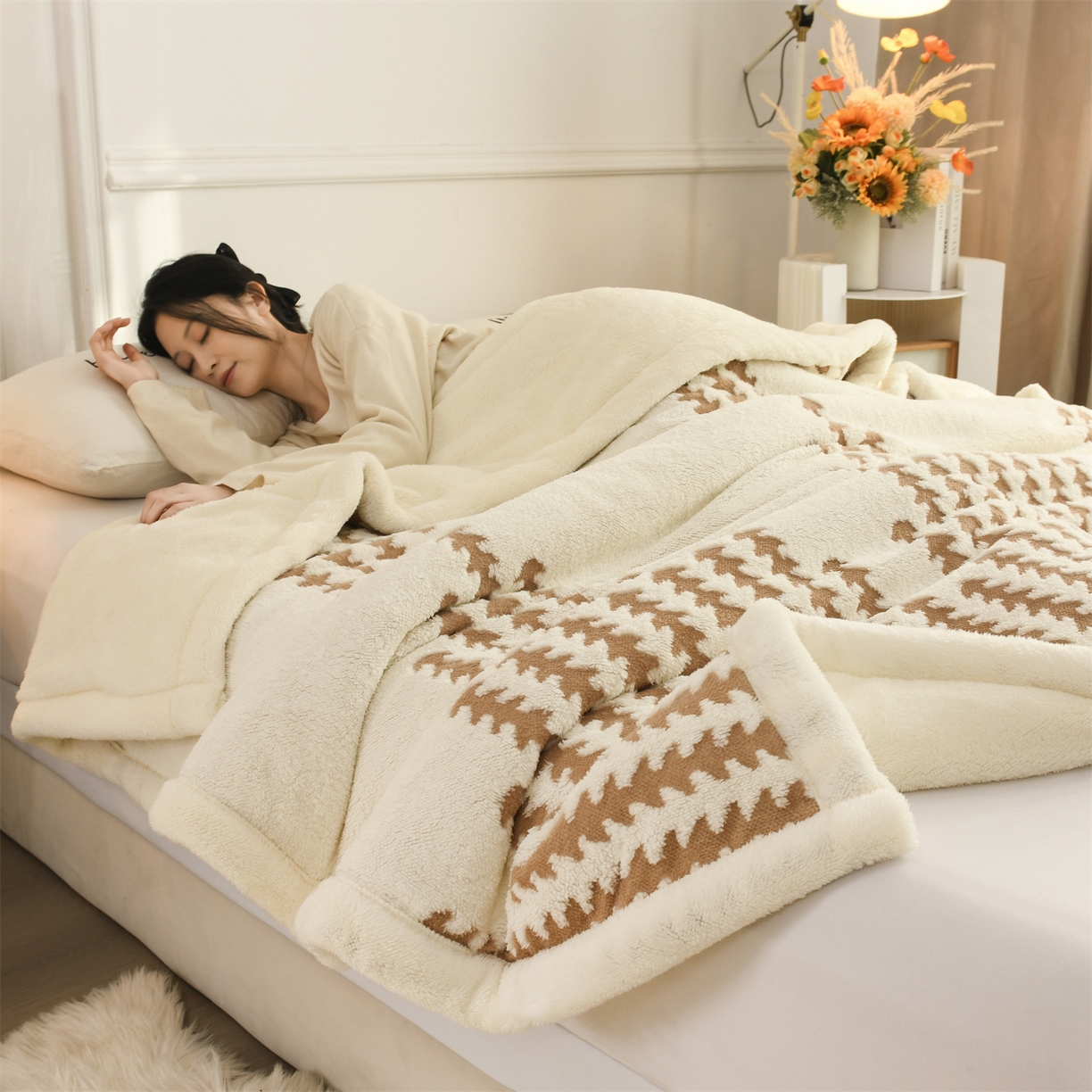 91家纺网 家纺一手货源 找家纺 恋绒家纺 2025新款阳离子三层舒棉绒毛毯毯子 优雅咖