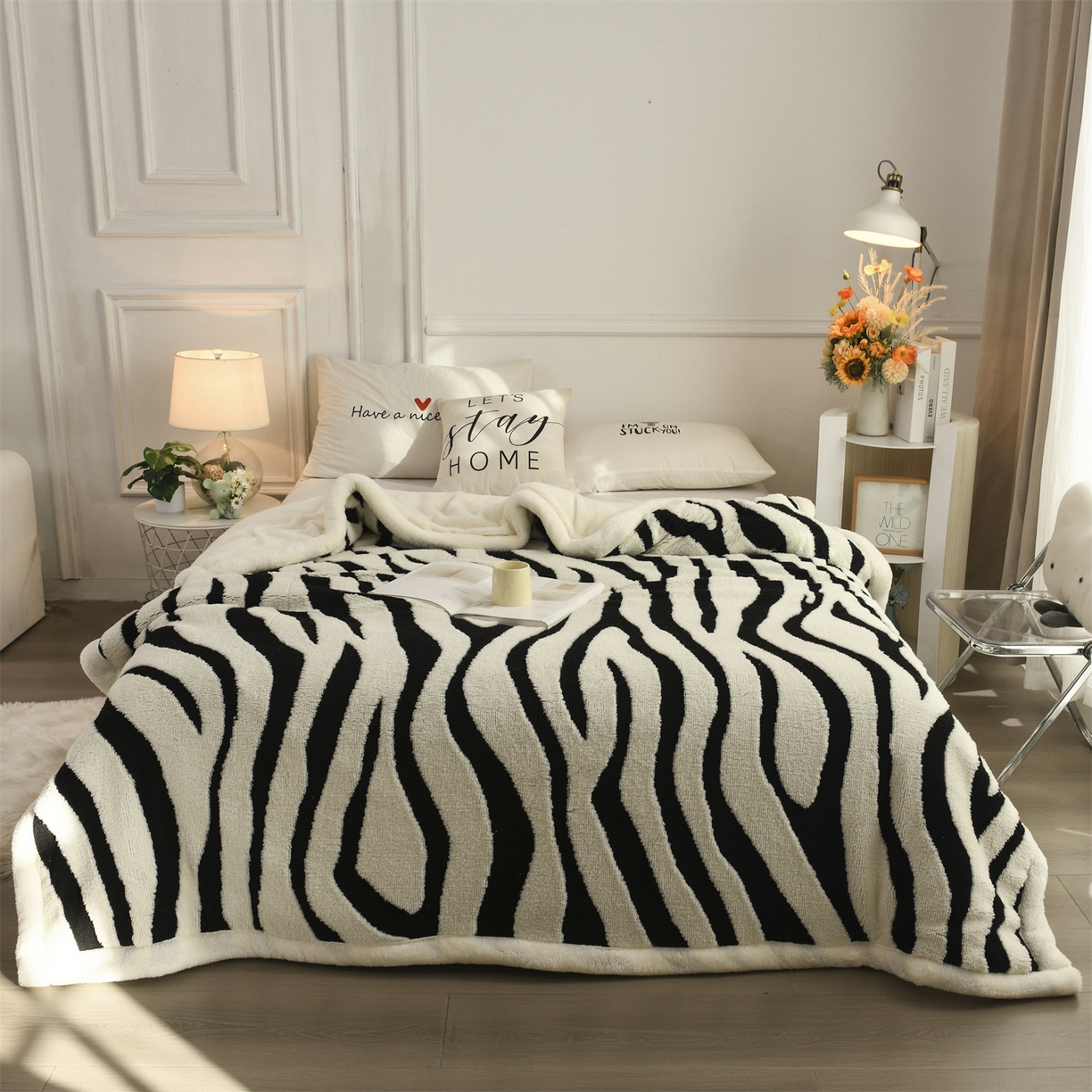 91家纺网 家纺一手货源 找家纺 恋绒家纺 2025新款阳离子三层舒棉绒毛毯毯子 斑马纹