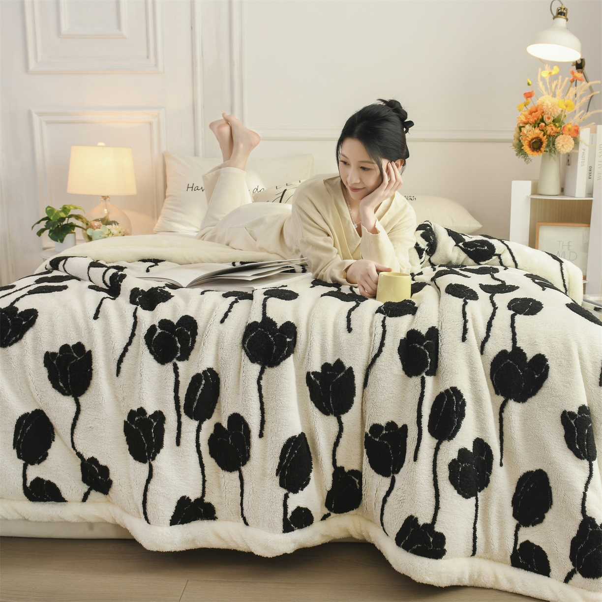 91家纺网 家纺一手货源 找家纺 恋绒家纺 2025新款阳离子三层舒棉绒毛毯毯子 郁金香