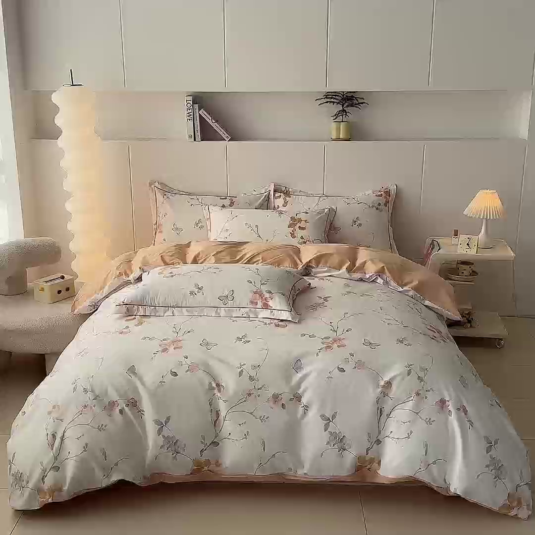 91家纺网 家纺一手货源 找家纺 艾迪尚家纺 2026新款133X76宽幅全棉纯棉印花四件套（有单品 可定制） 花弄影-米