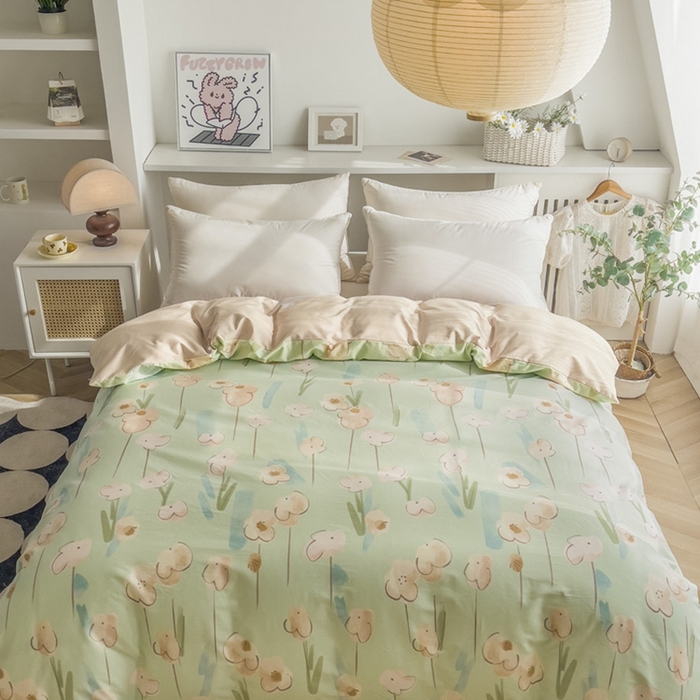 91家纺网 家纺一手货源 找家纺 艾迪尚家纺 2026新款133X76宽幅全棉纯棉印花四件套（有单品 可定制） 木槿-绿