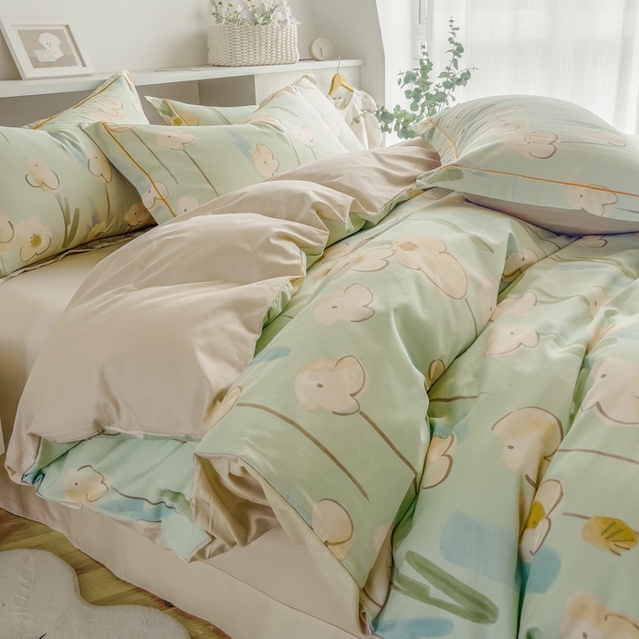 91家纺网 家纺一手货源 找家纺 艾迪尚家纺 2026新款133X76宽幅全棉纯棉印花四件套（有单品 可定制） 木槿-绿