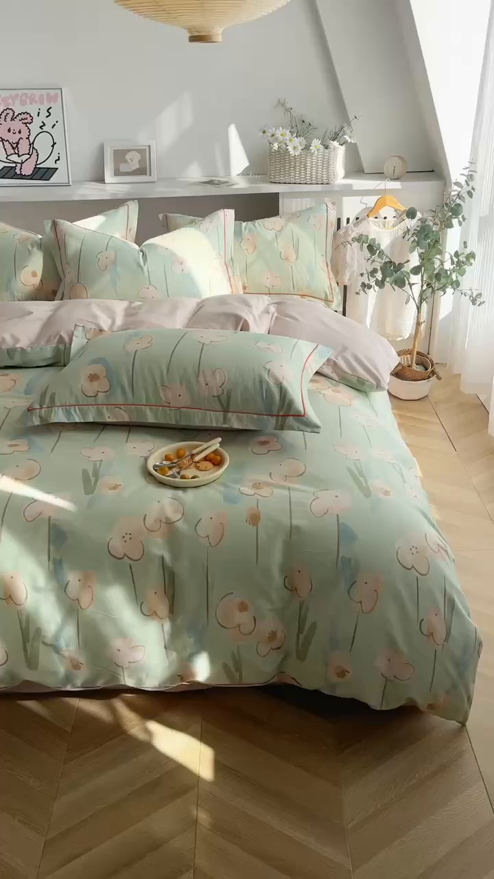 91家纺网 家纺一手货源 找家纺 艾迪尚家纺 2026新款133X76宽幅全棉纯棉印花四件套（有单品 可定制） 木槿-绿