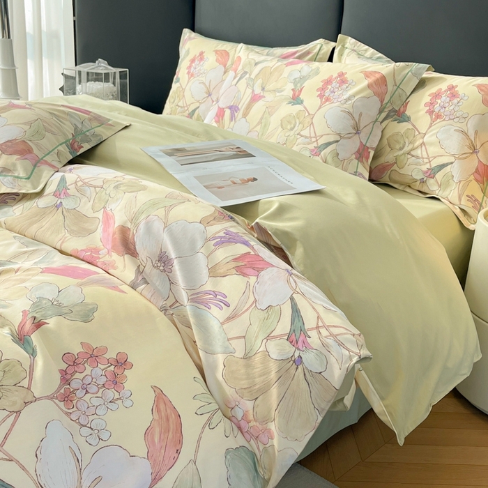 91家纺网 家纺一手货源 找家纺 艾迪尚家纺 2026新款133X76宽幅全棉纯棉印花四件套（有单品 可定制） 霓裳-黄