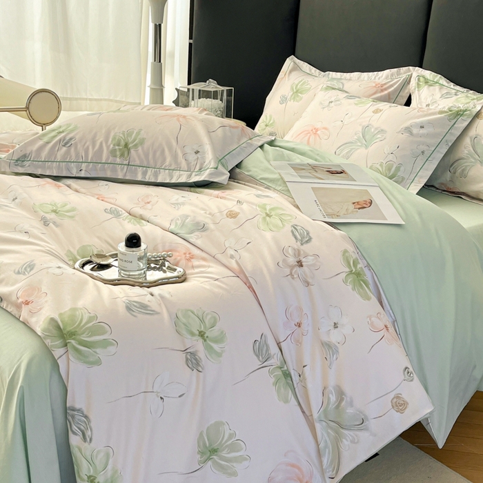 91家纺网 家纺一手货源 找家纺 艾迪尚家纺 2026新款133X76宽幅全棉纯棉印花四件套（有单品 可定制） 盛夏-绿