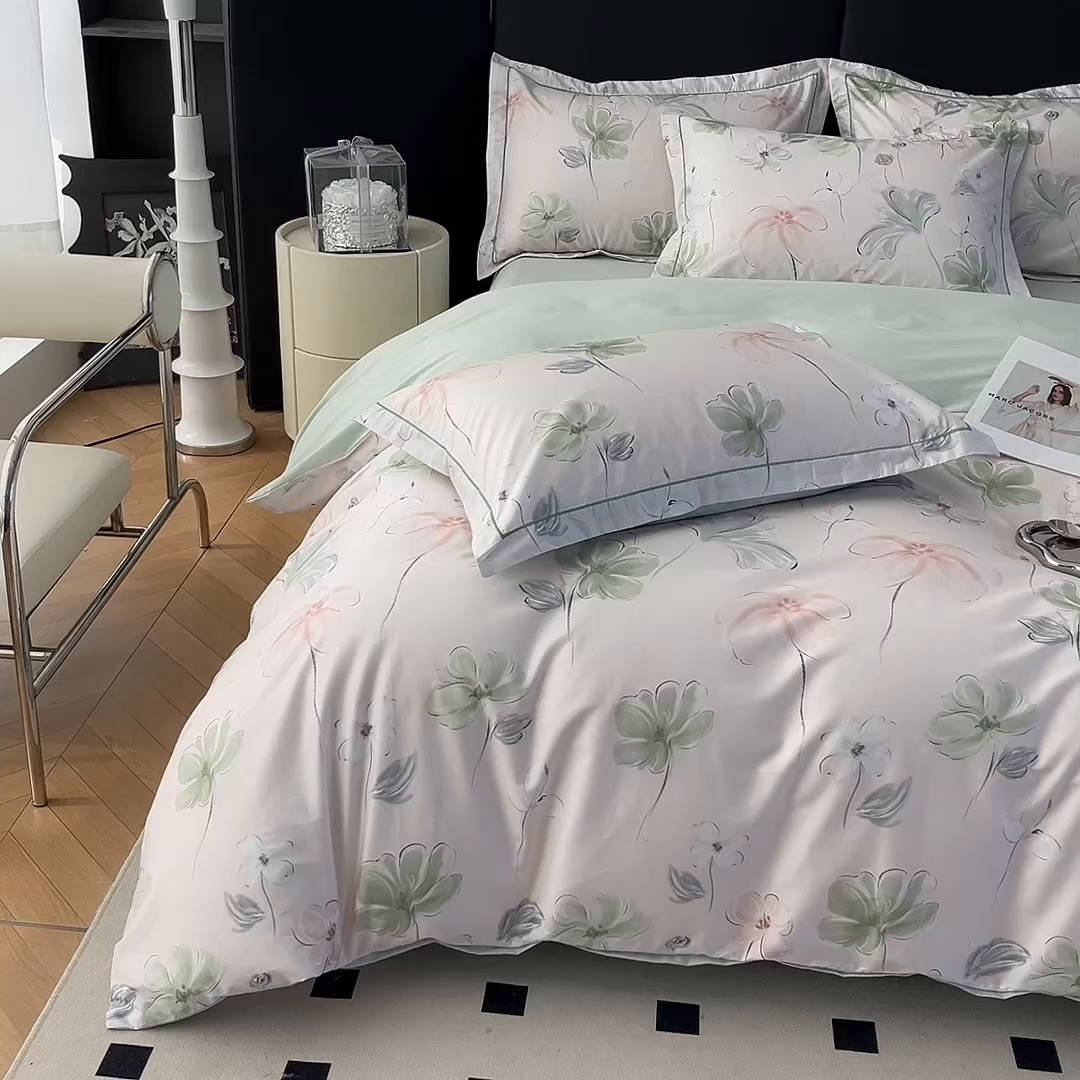 91家纺网 家纺一手货源 找家纺 艾迪尚家纺 2026新款133X76宽幅全棉纯棉印花四件套（有单品 可定制） 盛夏-绿