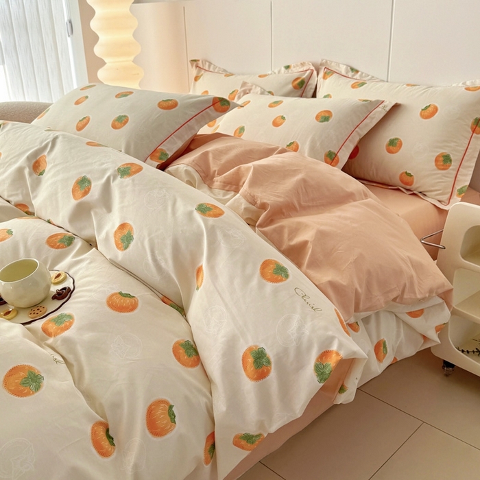 91家纺网 家纺一手货源 找家纺 艾迪尚家纺 2026新款133X76宽幅全棉纯棉印花四件套（有单品 可定制） 柿如意-桔