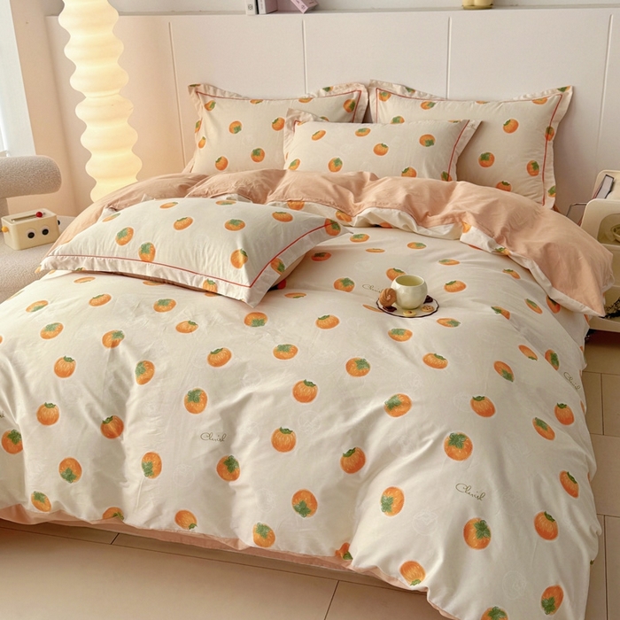 91家纺网 家纺一手货源 找家纺 艾迪尚家纺 2026新款133X76宽幅全棉纯棉印花四件套（有单品 可定制） 柿如意-桔