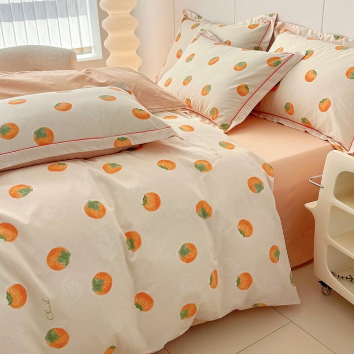 91家纺网 家纺一手货源 找家纺 艾迪尚家纺 2026新款133X76宽幅全棉纯棉印花四件套（有单品 可定制） 柿如意-桔
