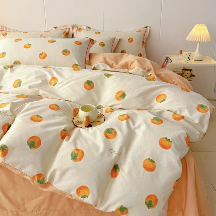 91家纺网 家纺一手货源 找家纺 艾迪尚家纺 2026新款133X76宽幅全棉纯棉印花四件套（有单品 可定制） 柿如意-桔