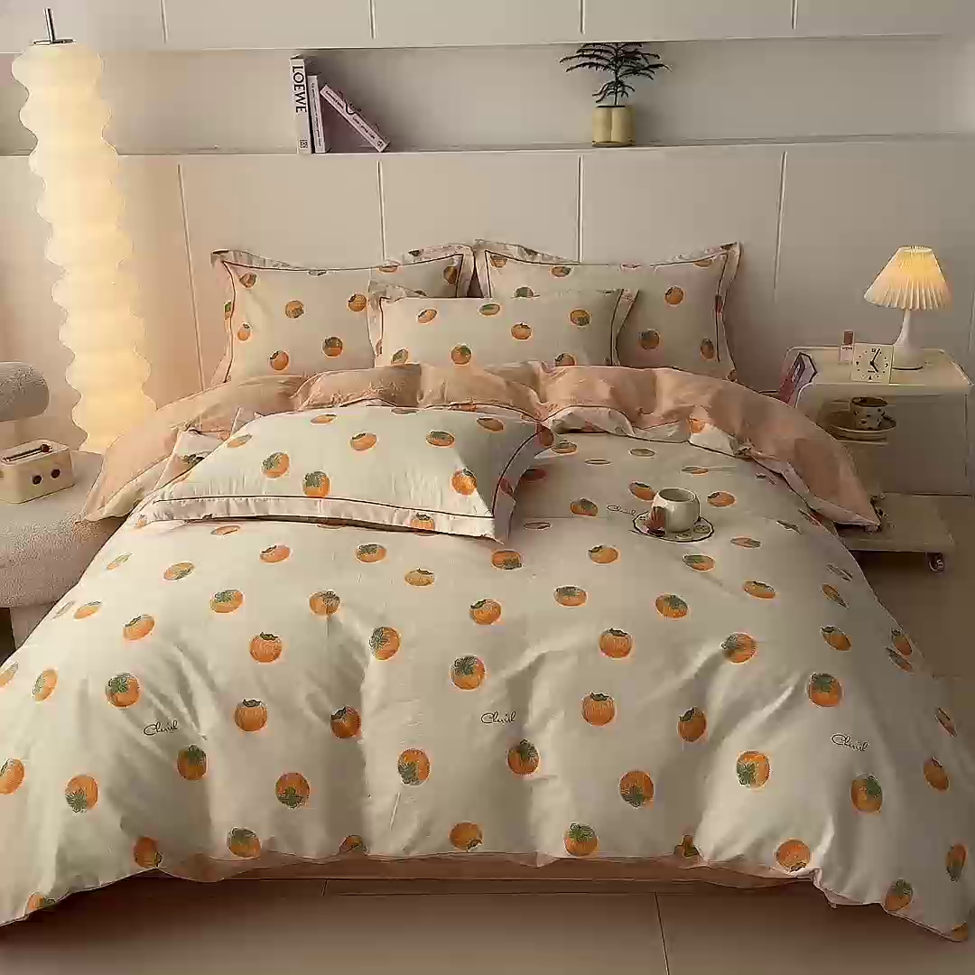 91家纺网 家纺一手货源 找家纺 艾迪尚家纺 2026新款133X76宽幅全棉纯棉印花四件套（有单品 可定制） 柿如意-桔