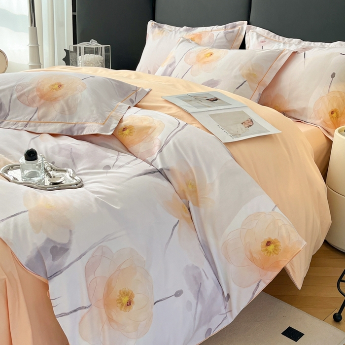 91家纺网 家纺一手货源 找家纺 艾迪尚家纺 2026新款133X76宽幅全棉纯棉印花四件套（有单品 可定制） 星荷-桔