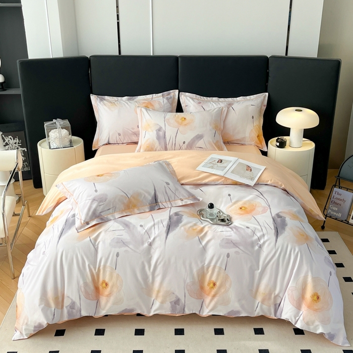 91家纺网 家纺一手货源 找家纺 艾迪尚家纺 2026新款133X76宽幅全棉纯棉印花四件套（有单品 可定制） 星荷-桔