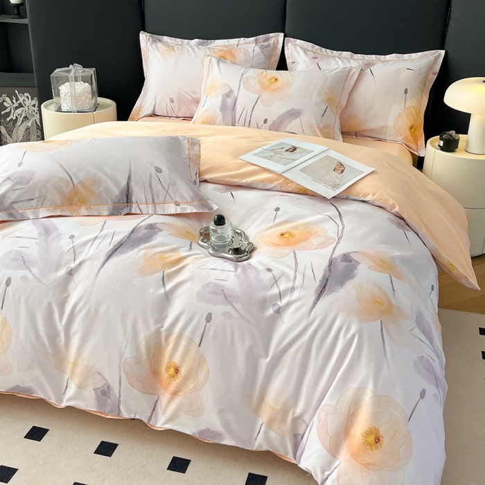 91家纺网 家纺一手货源 找家纺 艾迪尚家纺 2026新款133X76宽幅全棉纯棉印花四件套（有单品 可定制） 星荷-桔