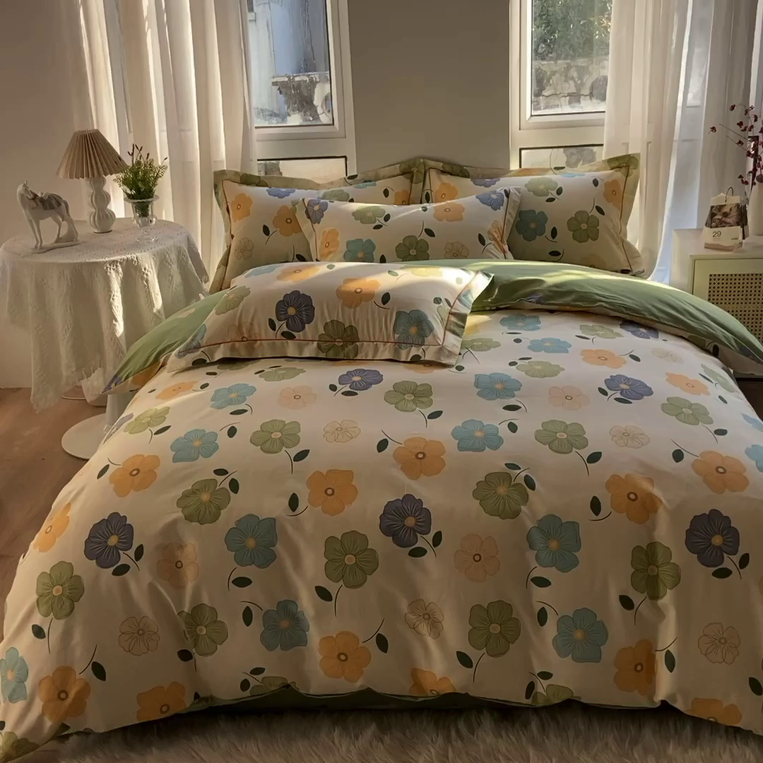 91家纺网 家纺一手货源 找家纺 艾迪尚家纺 2026新款133X76宽幅全棉纯棉印花四件套（有单品 可定制） 雅卉—绿