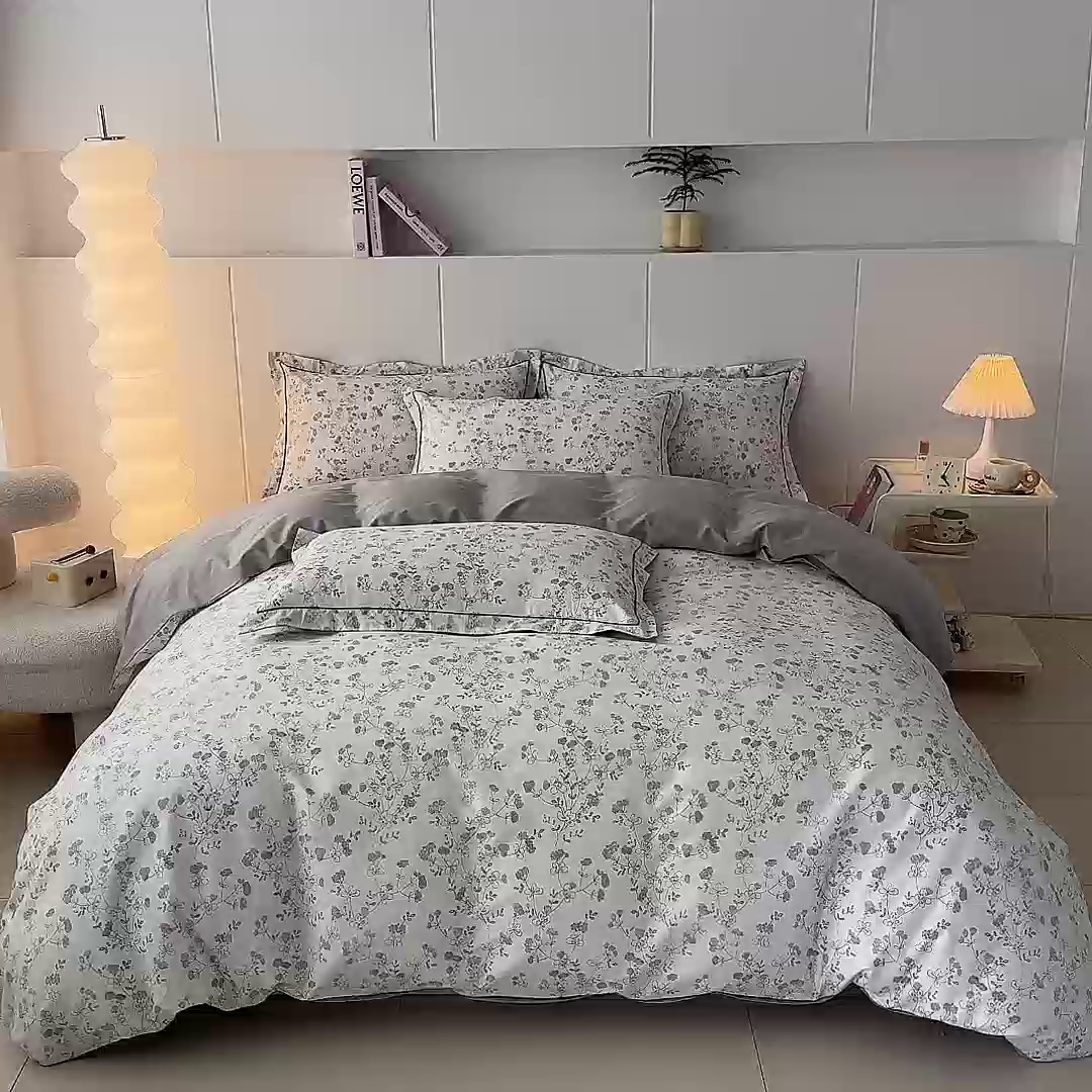 91家纺网 家纺一手货源 找家纺 艾迪尚家纺 2026新款133X76宽幅全棉纯棉印花四件套（有单品 可定制） 夜来香-灰