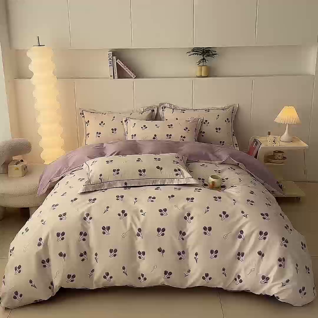91家纺网 家纺一手货源 找家纺 艾迪尚家纺 2026新款133X76宽幅全棉纯棉印花四件套（有单品 可定制） 郁见你-紫