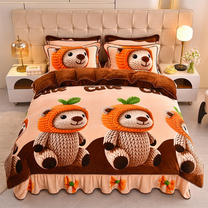 博兰蒂 2025新款床裙款高克重牛奶绒印花四件套 可爱熊