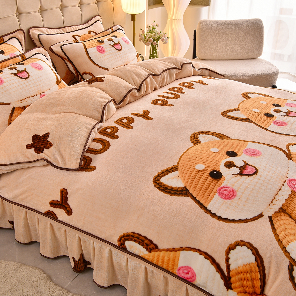 91家纺网 家纺一手货源 找家纺 博兰蒂 2025新款床裙款高克重牛奶绒印花四件套 旺柴