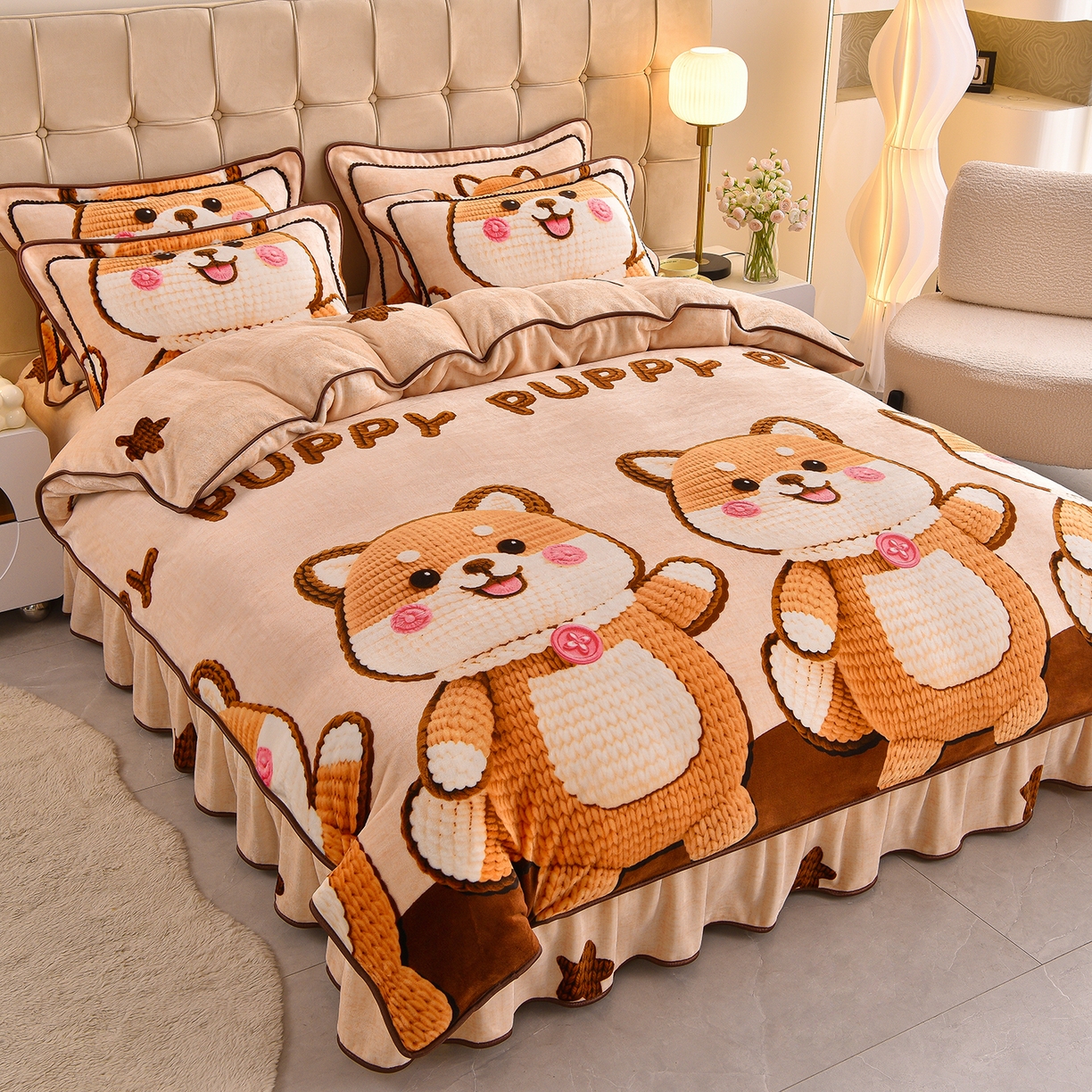 91家纺网 家纺一手货源 找家纺 博兰蒂 2025新款床裙款高克重牛奶绒印花四件套 旺柴